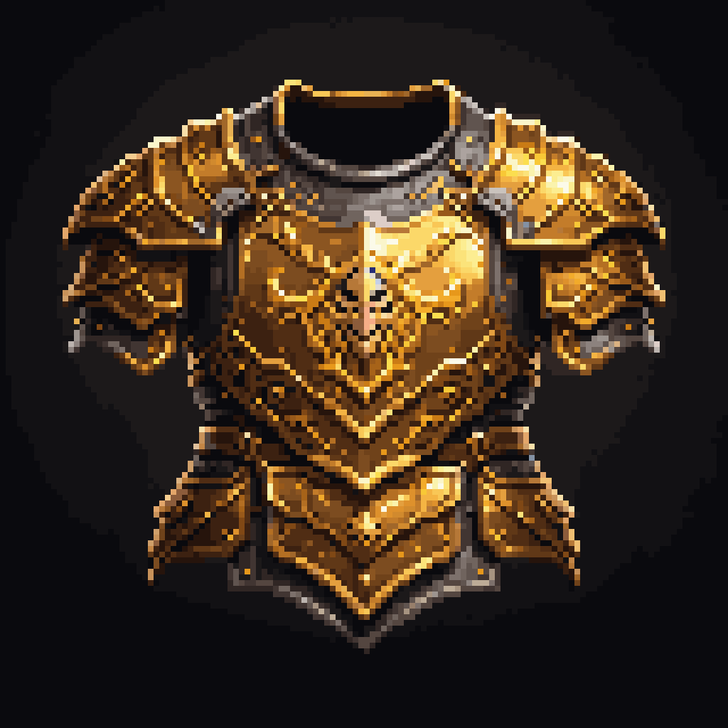 palettized-0121-1556726532-pixel art, cartoon illustration, golden plate armor, simple black background, game icon _lora_game_icon_diablo_style_SDXL_0.5_ _.png